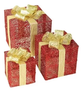 Set de 3 Cajas de Regalo con Luces LED Rojo y Lazo Dorado