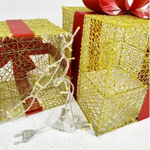 Set de 3 Cajas de Regalo con Luces LED Dorado y Lazo Rojo - imagen 3