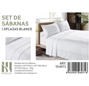 Set de Sábanas Plaza y Media Blanco 200 hilos + 1 Funda de Almohada