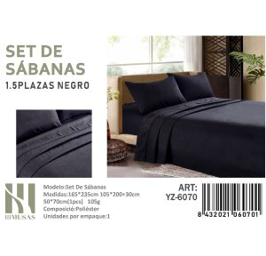 Set de Sábanas Plaza y Media Negro 200 hilos + 1 Funda de Almohada