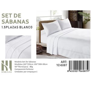 Set de Sábanas Plaza y Media Blanco 150 Hilos + 1 Funda de Almohada