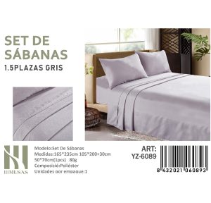 Set de Sábanas Plaza y Media Gris 150 Hilos + 1 Funda de Almohada