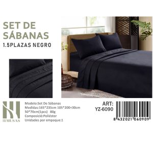 Set de Sábanas Plaza y Media Negro 150 Hilos + 1 Funda de Almohada