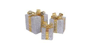 Set de 3 Cajas de Regalo con Luces LED Plateado y Lazo Dorado