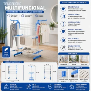 Tendedero Vertical De 3 Niveles 170 x 126 x 64 cm Color Azul