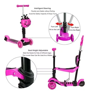 Scooter Monopatín 5 En1 Ajustable Niña Chinita Luces Rosado - imagen 2