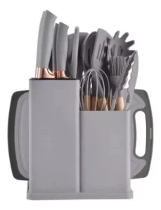 Juego Utensilios Silicona con Soporte Madera 19 Piezas Color Gris