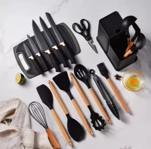 Juego Utensilios Silicona con Soporte Madera 19 Piezas Color Negro - imagen 2