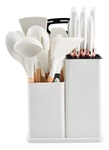 Juego Utensilios Silicona con Soporte Madera 19 Piezas Color Blanco