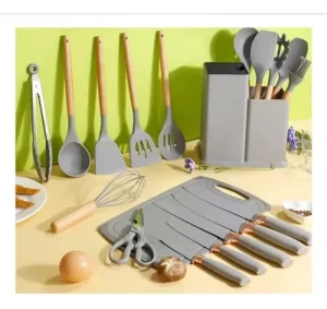 Juego Utensilios Silicona con Soporte Madera 19 Piezas Color Gris - imagen 2