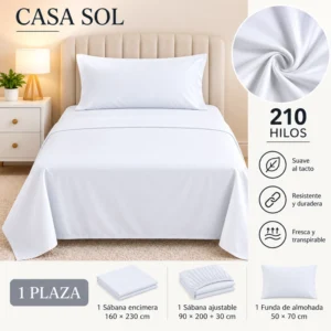 Set de Sábanas 1 Plaza + 1 Funda de Almohada Color blanco