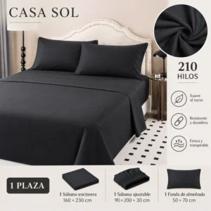 Set de Sábanas 1 Plaza + 1 Funda de Almohada Color Negro