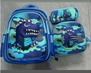 Set de Mochila Niños Escolar Diseño Dinosaurio Trex Azul - imagen 2