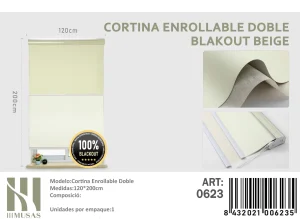 Cortinas Roller Blackout Doble 120 cm x 200 cm Beige 0623