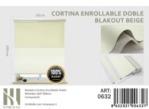 Cortinas Roller Blackout Doble 160 cm x 200 cm Beige 0632
