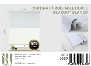 Cortinas Roller Blackout Doble 160 cm x 200 cm Blanco 0630
