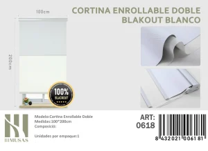 Cortinas Roller Blackout Doble 100 cm x 200 cm Blanco 0618