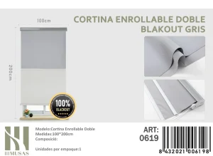 Cortinas Roller Blackout Doble 100 cm x 200 cm Gris 0619