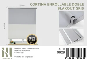 Cortinas Roller Blackout Doble 150 cm x 200 cm Gris 0625