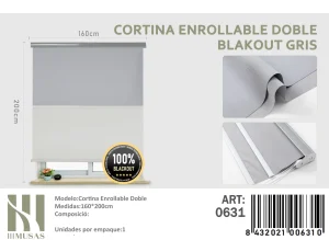 Cortinas Roller Blackout Doble 160 cm x 200 cm Gris 0631