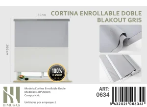 Cortinas Roller Blackout Doble 180 cm x 200 cm Grisv 0634