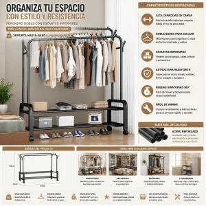 Perchero Metalico 48 kilos Doble Barra Closet Exhibicion Color Negro