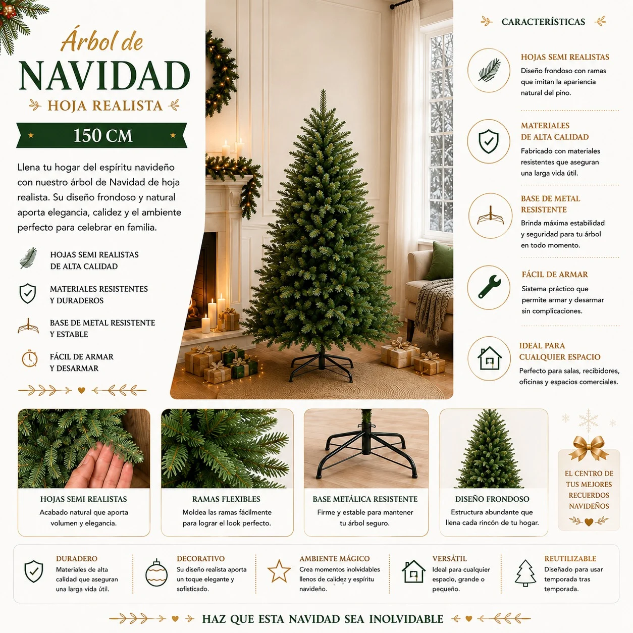 Arbol de Navidad Artificial Hoja Realista 150Cm Sds49