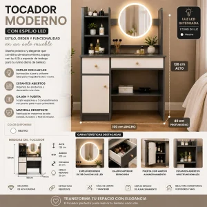 Cómoda Tocador Moderno Gris con Espejo Luz LED 3 Ajustes de Brillo - imagen 3
