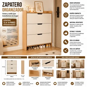 Zapatero Organizador Estante Armario 115Alto x 100 x 17cm Blanco beige