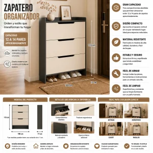 Zapatero Organizador Estante Armario 115Alto x 100 x 17cm Blanco gris