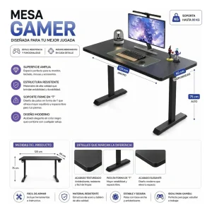 Escritorio Gamer 120cm, Color Negro, Patas En T