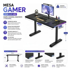 Escritorio Gamer 120cm, Luz Rgb, Color Negro, Patas En T