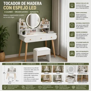 Tocador Cómoda Blanco Con Espejo Luz Led 100*40*130cm