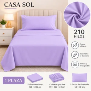 Set de Sábanas 1 Plaza + 1 Funda de Almohada Color Lila