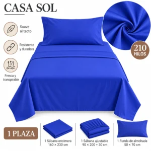 Set de Sábanas 1 Plaza + 1 Funda de Almohada Color azul eléctrico