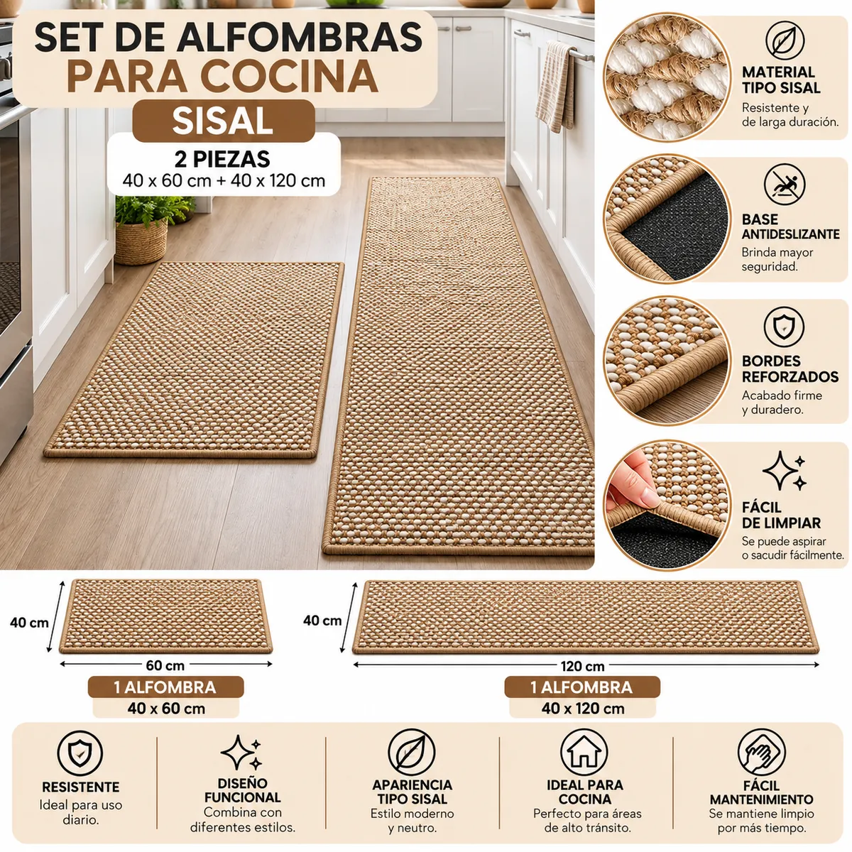 Set de 2 Alfombras para Cocina Sisal 40x60 + 40x120 cm Beige Diseño 3 - imagen 3